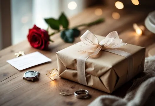 Romantisk gave til ham, præsenteret med elegante detaljer og en romantisk stemning.